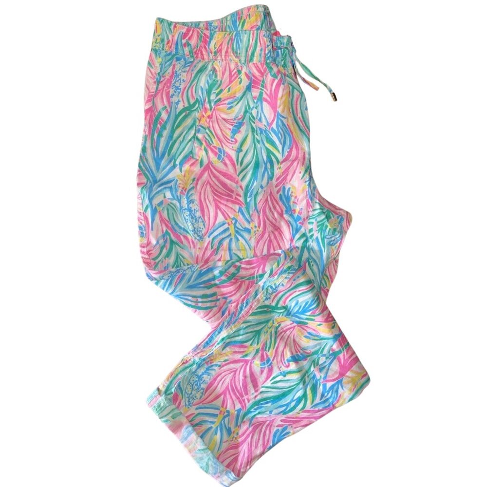 Lilly Pulitzer Taron Linen Pants Small Sea Turtle Soiree Lagoon Pull On Resort - Picture 5 of 10